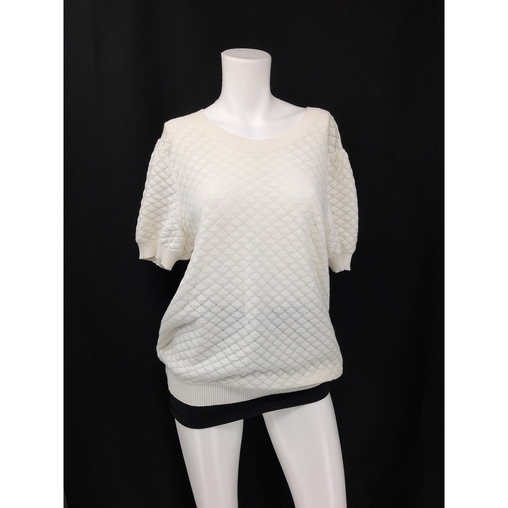 LOFT Ivory Pointelle Diamond Knit Top Puff Sleeve Feminine Cottage Dainty XLarge